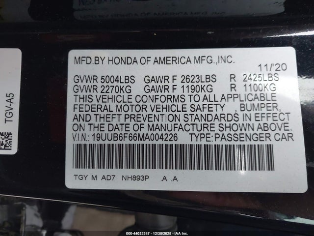 44032387 :رقم المزاد ، 19UUB6F66MA004226 vin ، 2021 Acura Tlx Advance Package مزاد بيع