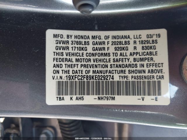 2019 HONDA CIVIC 19XFC2F89KE029274 Photo 8