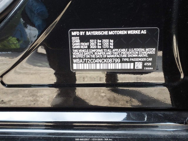 Продажа на аукционе авто 2022 Bmw 740 I, vin: WBA7T2C04NCK08799, номер лота: 44032537