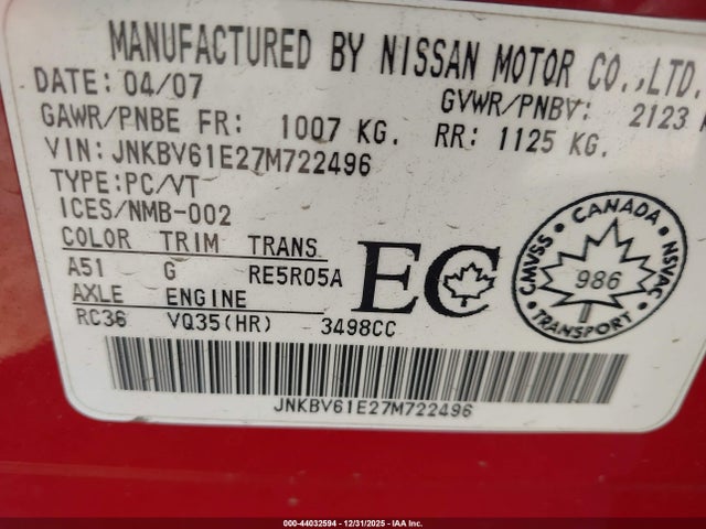 Aukcja sprzedaży 2007 Infiniti G35 Sport, vin: JNKBV61E27M722496, numer aukcji: 44032594