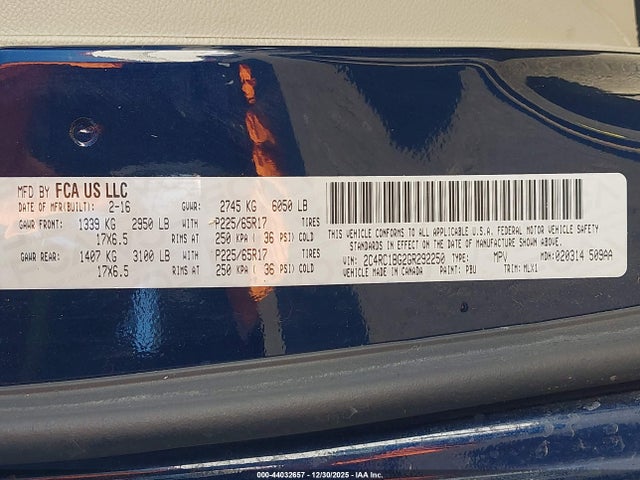 2C4RC1BG2GR292250 Chrysler Town &amp; Country Touring