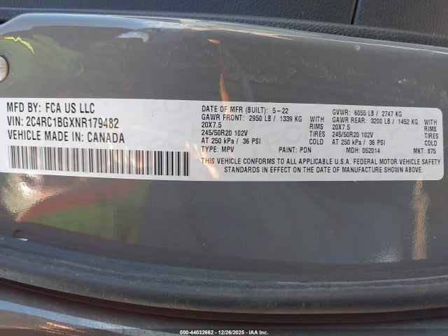 Продажа на аукционе авто 2022 Chrysler Pacifica Touring L, vin: 2C4RC1BGXNR179482, номер лота: 44032662