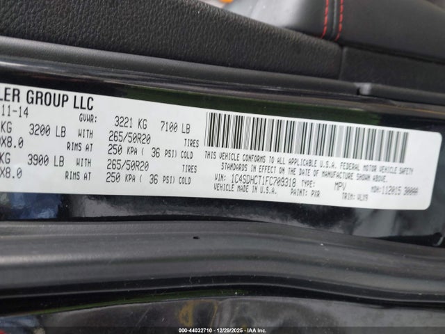 2015 Dodge Durango R/t მანქანა იყიდება აუქციონზე, vin: 1C4SDHCT1FC709318, აუქციონის ნომერი: 44032710