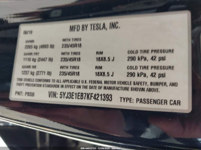 Продаж на аукціоні авто 2019 Tesla Model 3 Long Range/performance, vin: 5YJ3E1EB7KF421393, номер лоту: 44032723