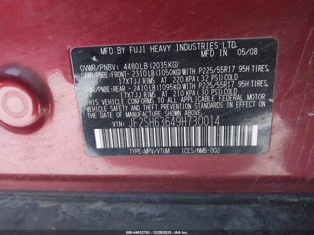 Продаж на аукціоні авто 2009 Subaru Forester 2.5x, vin: JF2SH63649H730014, номер лоту: 44032753