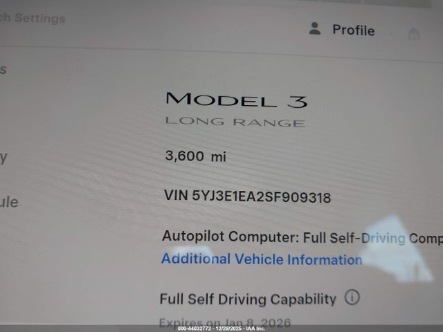 44032772 :رقم المزاد ، 5YJ3E1EA2SF909318 vin ، 2025 Tesla Model 3 Long Range Rear-wheel Drive/standard Rear-wheel Drive مزاد بيع