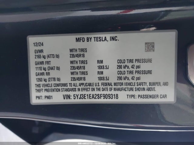 44032772 :رقم المزاد ، 5YJ3E1EA2SF909318 vin ، 2025 Tesla Model 3 Long Range Rear-wheel Drive/standard Rear-wheel Drive مزاد بيع