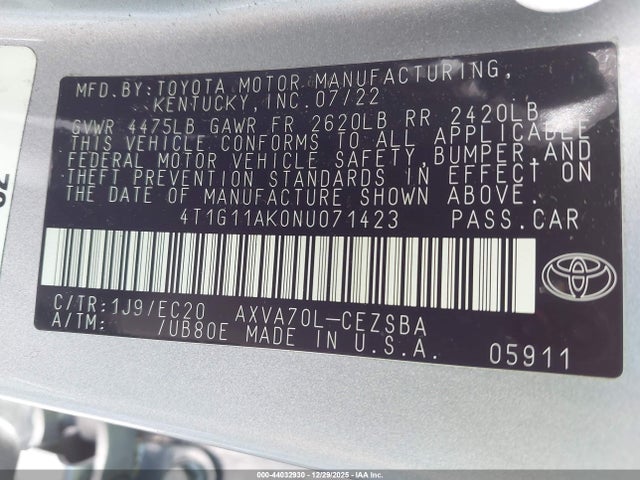 4T1G11AK0NU071423 Toyota Camry Se Nightshade Edition