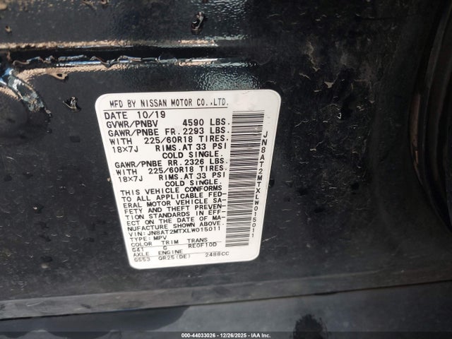 JN8AT2MTXLW015011 Nissan Rogue Sv Fwd