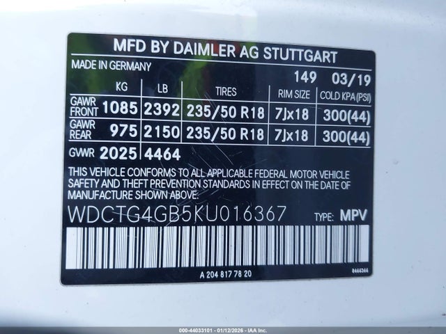Aukcja sprzedaży 2019 Mercedes-benz Gla 250 4matic, vin: WDCTG4GB5KU016367, numer aukcji: 44033101