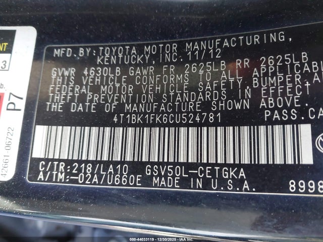 Aukcja sprzedaży 2012 Toyota Camry Xle V6, vin: 4T1BK1FK6CU524781, numer aukcji: 44033119