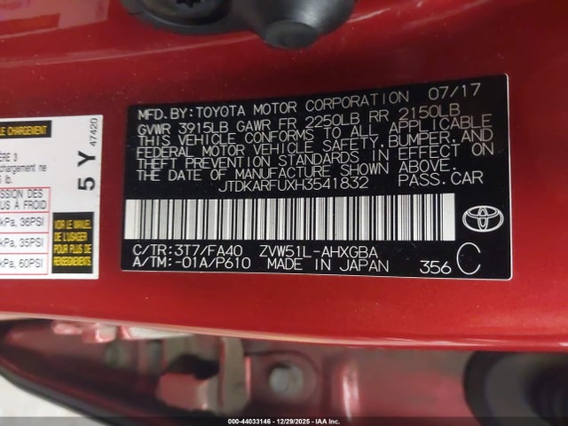 JTDKARFUXH3541832 Toyota Prius Three