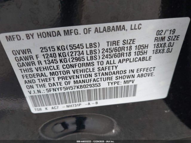 5FNYF5H57KB029353 Honda Pilot Ex-l