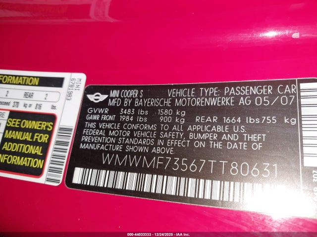 2007 MINI COOPER S WMWMF73567TT80631 Photo 8