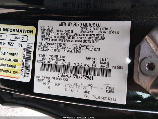 3FA6P0RU2HR252961 Ford Fusion Hybrid Titanium
