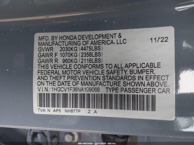 1HGCV1F36NA109068 Honda Accord Sport