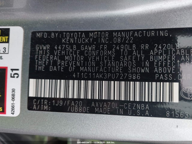 4T1C11AK3PU727986 Toyota CAMRY LE
