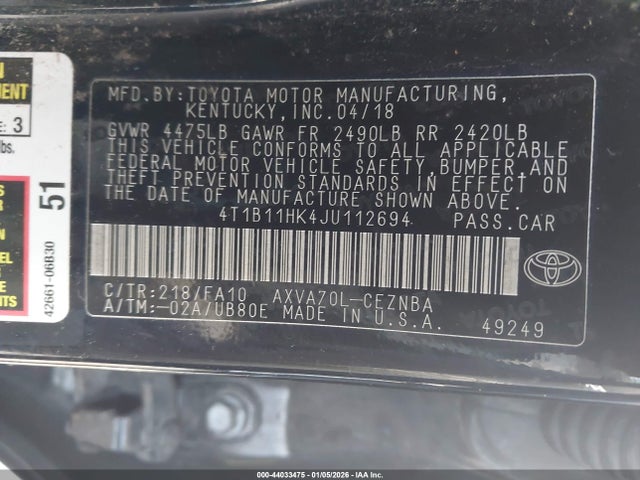 4T1B11HK4JU112694 Toyota CAMRY LE