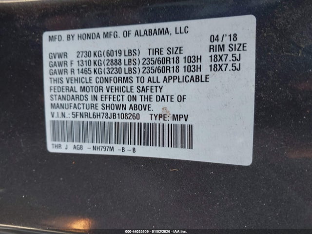 Honda Odyssey Ex-l 2018 5FNRL6H78JB108260 Image 9