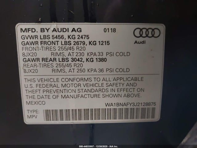 WA1BNAFY3J2128875 Audi Q5 2.0t Premium/2.0t Tech Premium