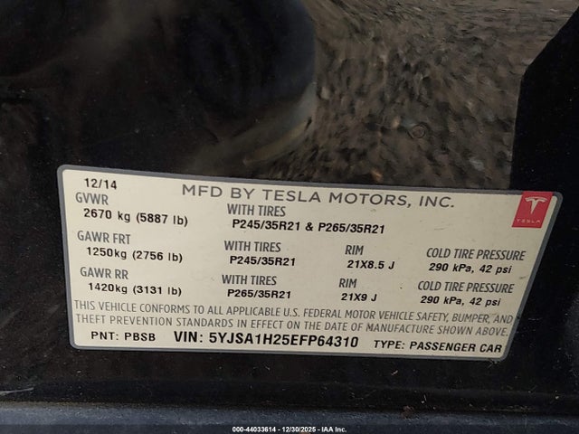 Продажа на аукционе авто 2014 Tesla Model S P85d, vin: 5YJSA1H25EFP64310, номер лота: 44033614