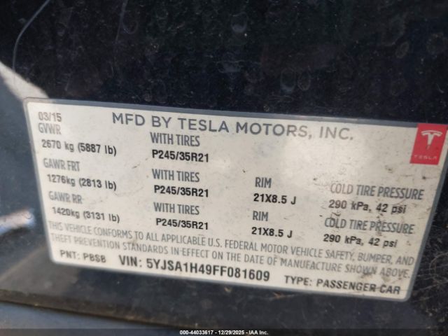 2015 TESLA MODEL S 5YJSA1H49FF081609 Photo 8