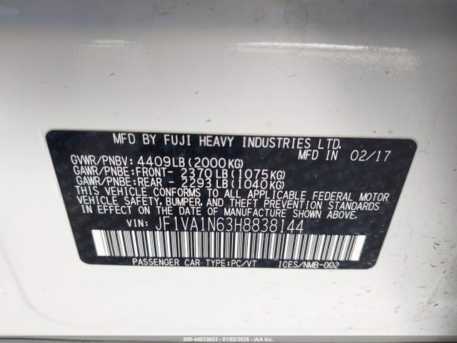 JF1VA1N63H8838144 Subaru Wrx Limited