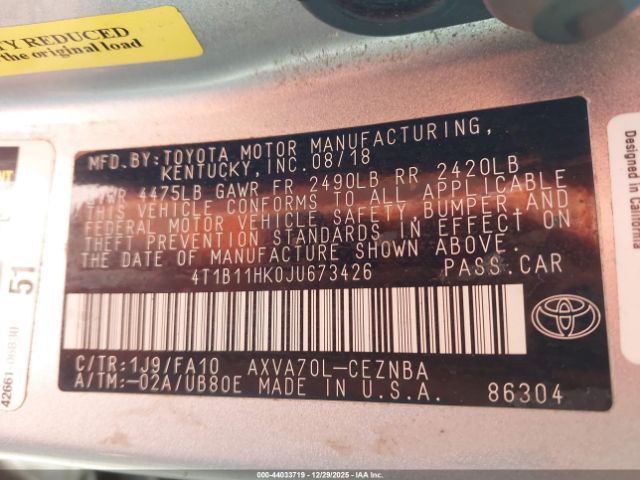 2018 TOYOTA CAMRY 4T1B11HK0JU673426 Photo 8