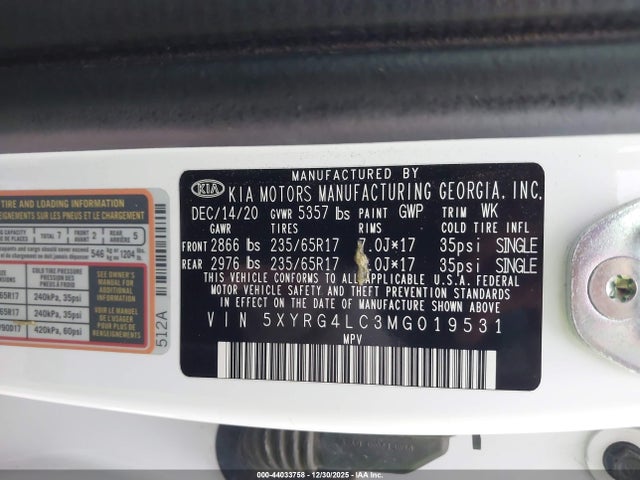 5XYRG4LC3MG019531 KIA SORENTO LX