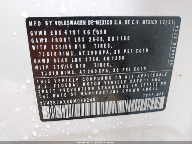 Aukcja sprzedaży 2022 Volkswagen Tiguan 2.0t Se, vin: 3VV3B7AX8NM059248, numer aukcji: 44034037