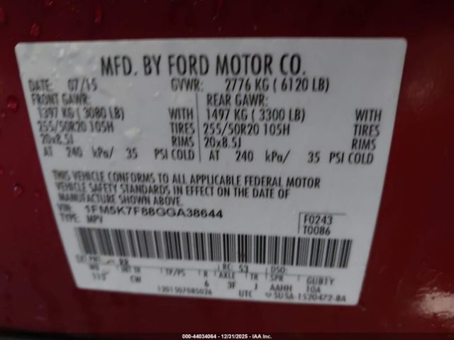 2016 FORD EXPLORER 1FM5K7F88GGA38644 Photo 8