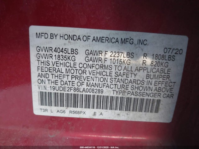 44034116 :رقم المزاد ، 19UDE2F86LA008289 vin ، 2020 Acura Ilx مزاد بيع