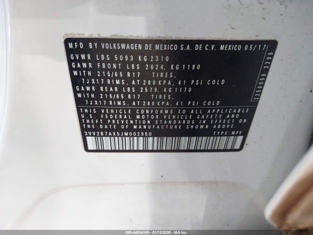 44034180 :رقم المزاد ، 3VV2B7AX5JM002950 vin ، 2018 Volkswagen Tiguan 2.0t Se/2.0t Sel مزاد بيع