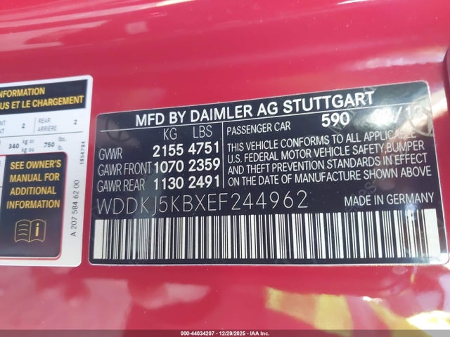 44034207 :رقم المزاد ، WDDKJ5KBXEF244962 vin ، 2014 Mercedes-benz E 350 مزاد بيع