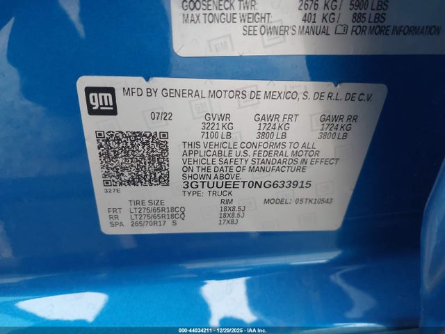 3GTUUEET0NG633915 GMC Sierra 1500 4wd Short Box At4