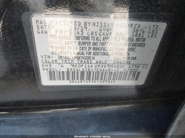 Nissan SENTRA SV 2019 3N1AB7AP5KY409514 Image 9