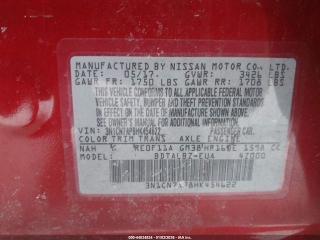 2017 NISSAN VERSA 3N1CN7AP8HK454622 Photo 8