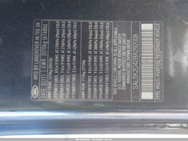 2011 LAND ROVER RANGE ROVER SPORT SALSK2D42BA292008 Photo 8