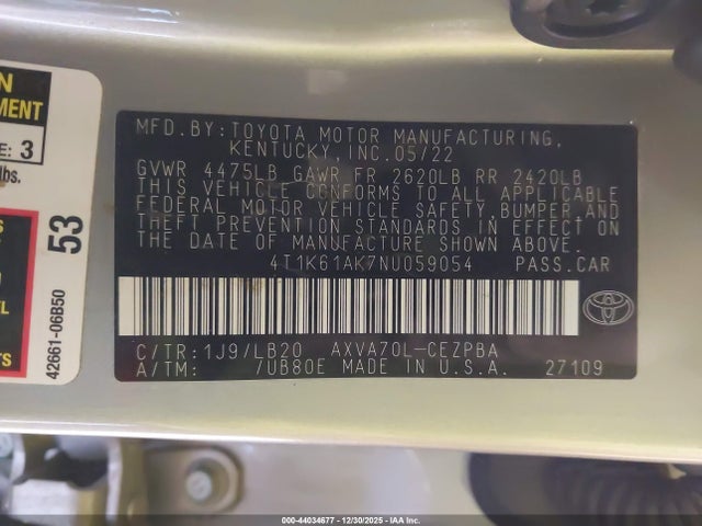 4T1K61AK7NU059054 Toyota CAMRY XSE