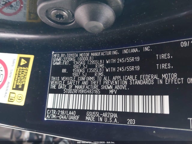 5TDDZRFH9HS483165 Toyota Highlander Limited Platinum