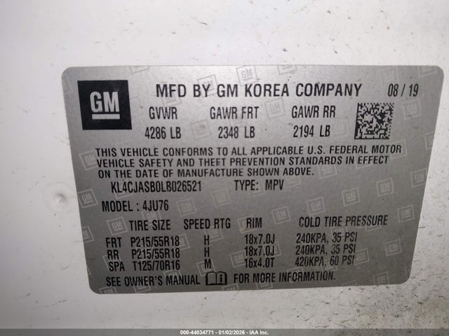 Aukcja sprzedaży 2020 Buick Encore Fwd Preferred, vin: KL4CJASB0LB026521, numer aukcji: 44034771