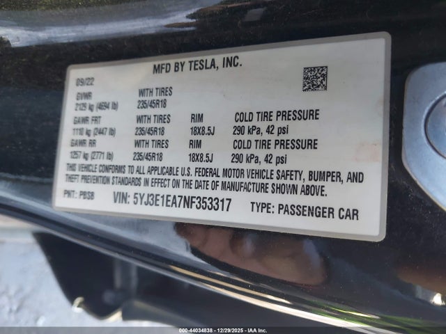 Продажа на аукционе авто 2022 Tesla Model 3 Rear-wheel Drive, vin: 5YJ3E1EA7NF353317, номер лота: 44034838