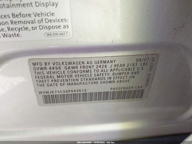 44034858 :رقم المزاد ، WVWJK73C98P049519 vin ، 2008 Volkswagen Passat Turbo مزاد بيع