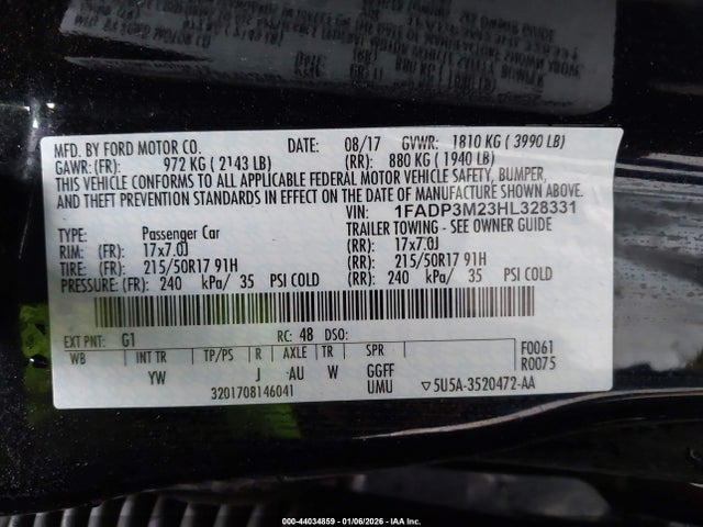 Aukcja sprzedaży 2017 Ford Focus Sel, vin: 1FADP3M23HL328331, numer aukcji: 44034859