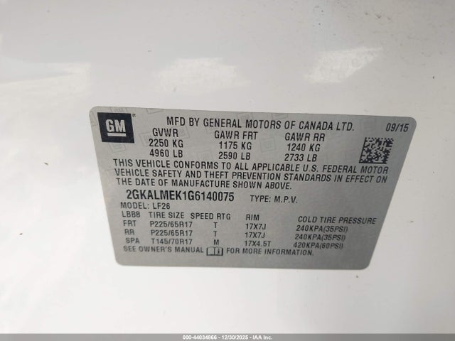 GMC Terrain Sle-1 2016 2GKALMEK1G6140075 Image 9