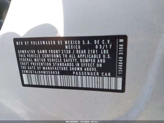 2017 Volkswagen Jetta 1.4t S მანქანა იყიდება აუქციონზე, vin: 3VW2B7AJ6HM359636, აუქციონის ნომერი: 44035083