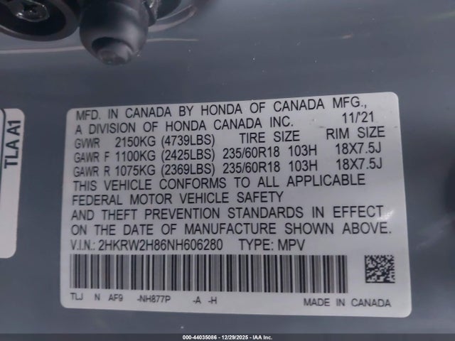 2HKRW2H86NH606280 Honda Cr-v Awd Ex-l