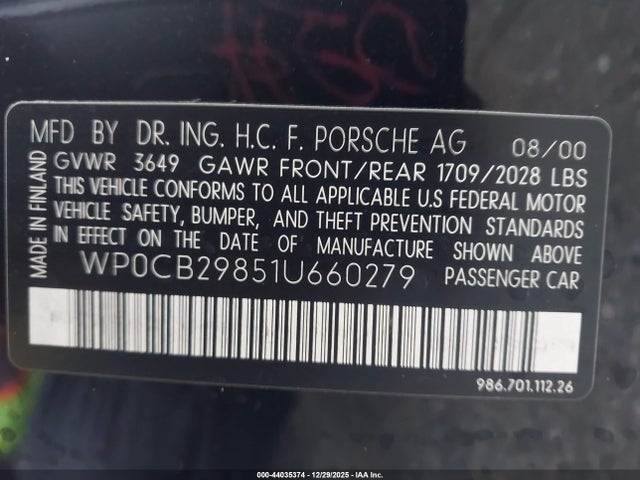 2001 PORSCHE BOXSTER WP0CB29851U660279 Photo 8