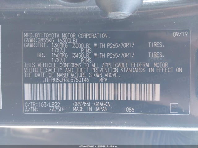 Продажа на аукционе авто 2020 Toyota 4runner Sr5 Premium, vin: JTEBU5JR3L5750146, номер лота: 44035412