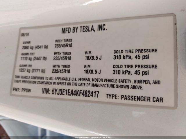 2019 TESLA MODEL 3 5YJ3E1EA4KF482417 Photo 8